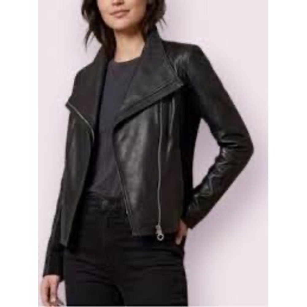 Chelsea28 Leather Moto Jacket Women S Black Asymmetrical Zip Ribbed Knit Panels